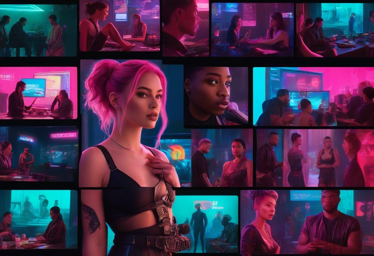 A captivating collage featuring various adult media scenes, highlighting an array of NSFW video stills creatively arranged. Include diverse characters engaging in playful interactions, while showcasing elements of online communities like chat bubbles and streaming icons. Envelop the scene in a mystique of vibrant colors with a touch of intrigue, emphasizing a sense of discovery. super-realistic. vibrant colors. cyberpunk.