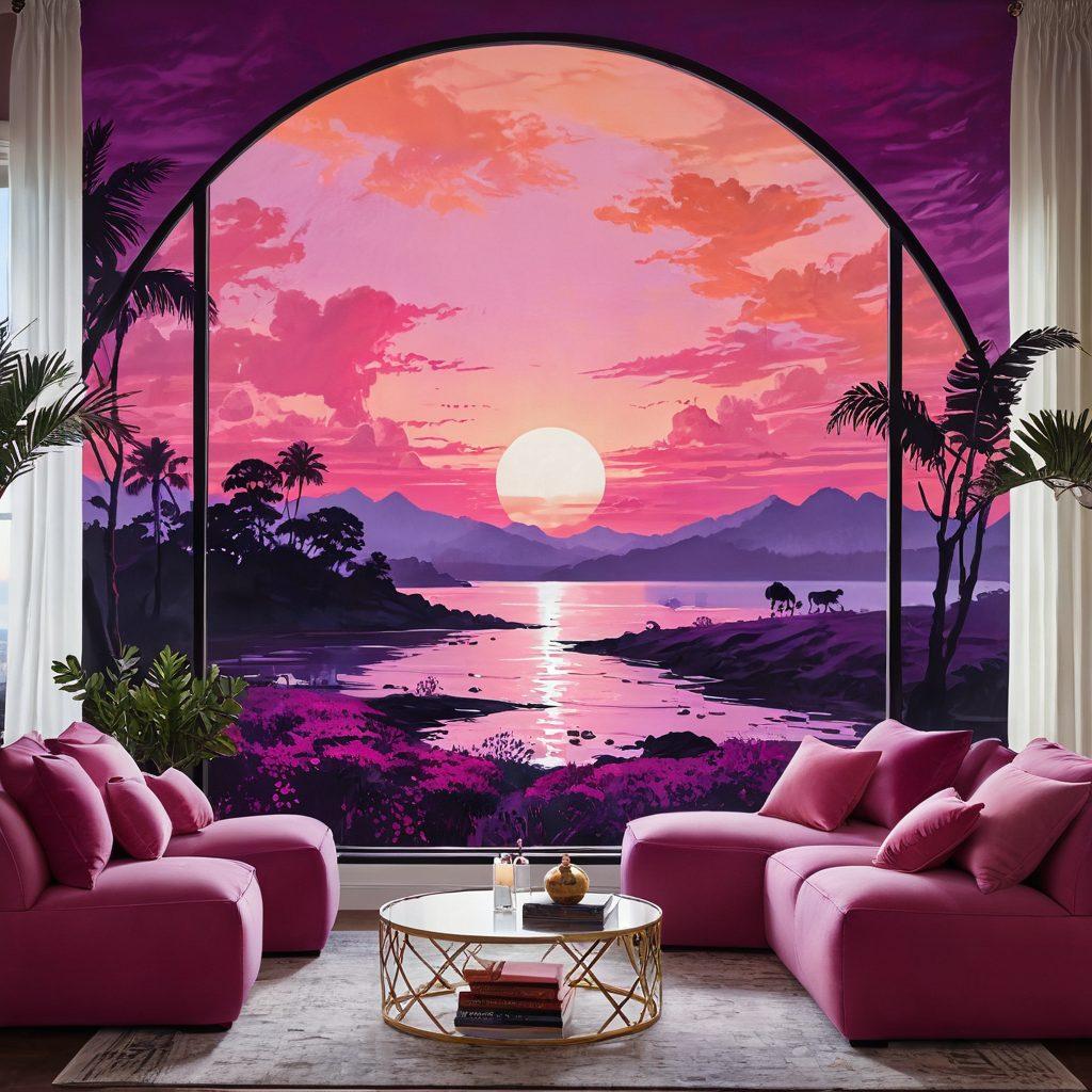 A visually alluring landscape featuring silhouettes of iconic adult film elements, like film reels and heart shapes, creatively blended with images of a globe. The background should show a sunset with vibrant hues of pink and purple, symbolizing exploration and passion. A subtle hint of abstract erotic art can be included to add a sense of mystery and allure. The overall mood should be enticing and playful. super-realistic. vibrant colors. painterly style.